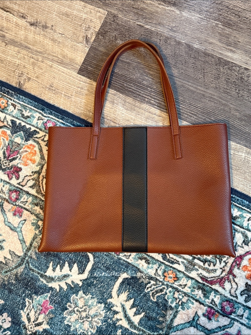 Vince Camuto Leather Tote Bag with Black Stripe - Brown